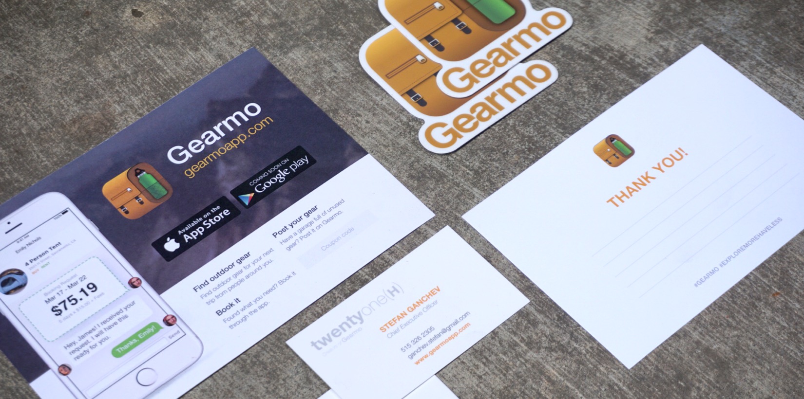 Examples of printed marketing materials created for Gearmo